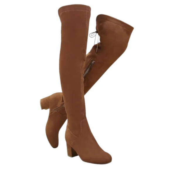Women's Suede Over The Knee Block Heeled Camel Boots With Lace Up Back Size 8 - Picture 15 of 16